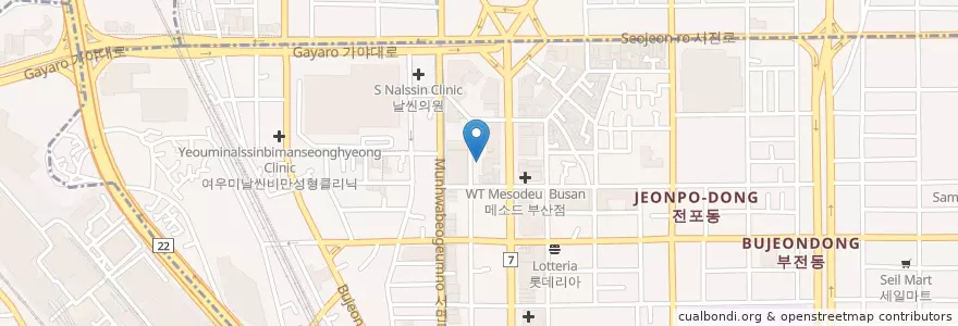 Mapa de ubicacion de 松亭3代クッパ en 大韓民国, 釜山, 釜山鎮区, 釜田洞.