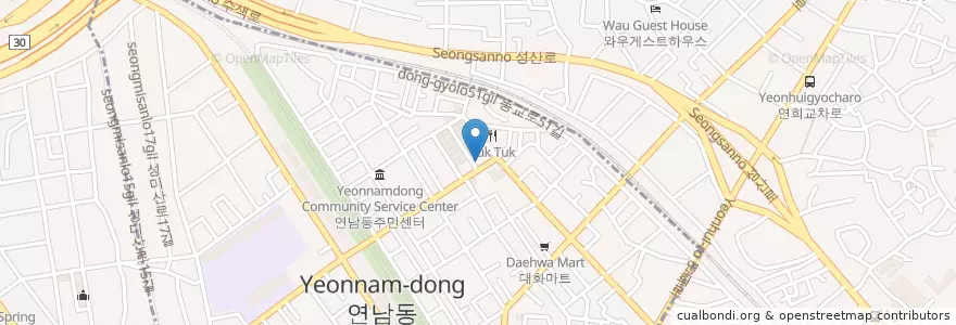 Mapa de ubicacion de 현주네식당 en کره جنوبی, سئول, 마포구, 연남동, 연희동.