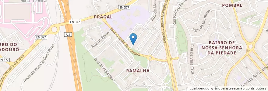 Mapa de ubicacion de Diabrulas Pragal en 포르투갈, Área Metropolitana De Lisboa, Setúbal, Península De Setúbal, Almada, Almada, Cova Da Piedade, Pragal E Cacilhas.