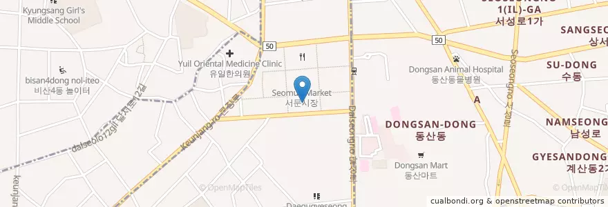 Mapa de ubicacion de 서문시장 주자창& 대신119 안전센터 en كوريا الجنوبية, ديغو, 중구, 대신동.