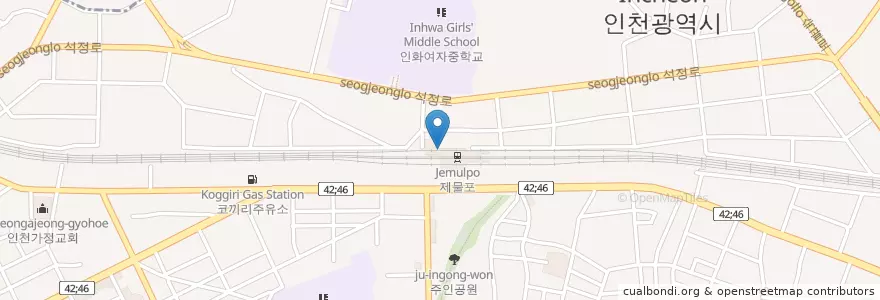 Mapa de ubicacion de 제물포역 대합실 공중전화(옥내) en Zuid-Korea, 인천, 미추홀구, 도화동.