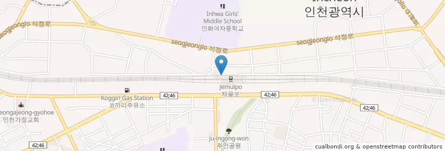Mapa de ubicacion de 제물포역 대합실 공중전화(옥내) en Güney Kore, 인천, 미추홀구, 도화동.