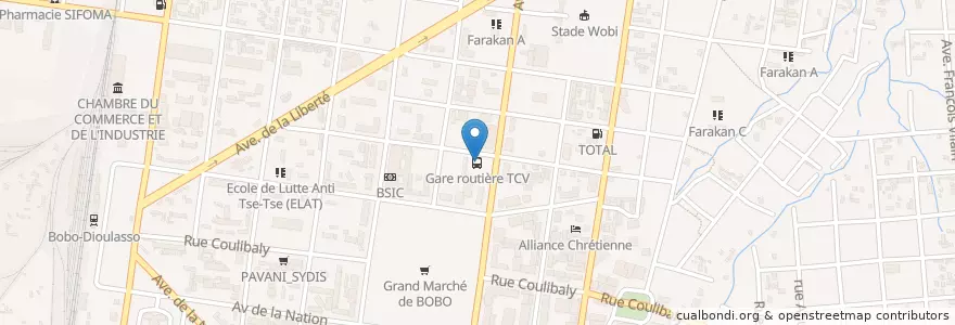 Mapa de ubicacion de Gare routière TCV en Буркина-Фасо, Верхние Бассейны, Уэ.