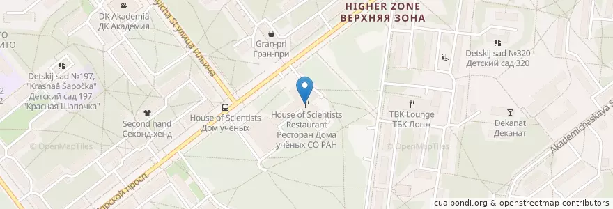 Mapa de ubicacion de Ресторан Дома учёных СО РАН en Russland, Föderationskreis Sibirien, Oblast Nowosibirsk, Городской Округ Новосибирск.