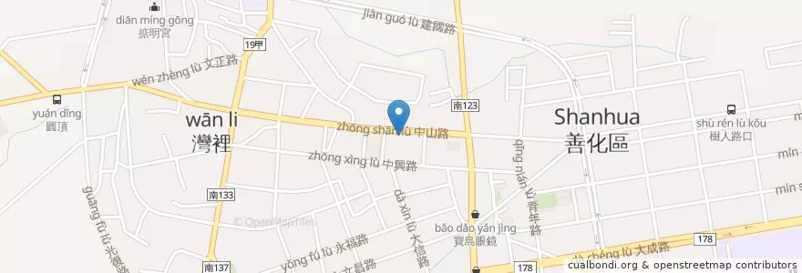 Mapa de ubicacion de 善化中山路郵局 en Taiwan, Tainan, Distretto Di Shanhua.