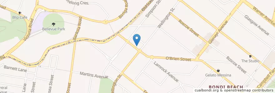 Mapa de ubicacion de Bondi Pizza Gallery en Australië, Nieuw-Zuid-Wales, Waverley Council, Sydney.