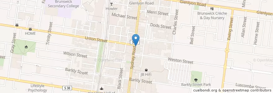 Mapa de ubicacion de Town Hall Kebab & Falafel Stop en Australia, Victoria, City Of Moreland.