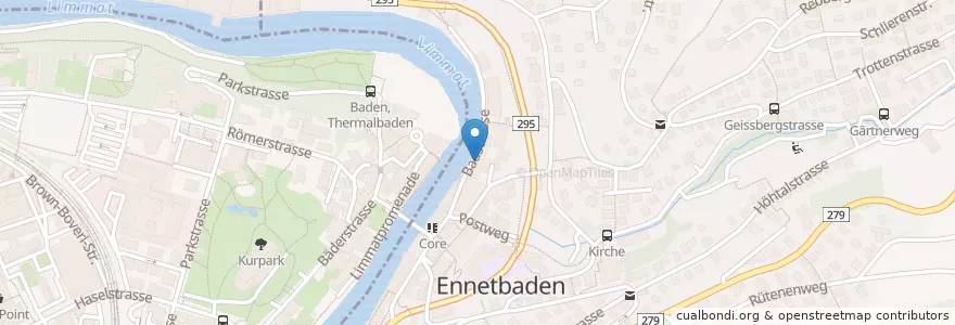 Mapa de ubicacion de Brasserie Schwanen en Schweiz/Suisse/Svizzera/Svizra, Aargau, Bezirk Baden, Ennetbaden.