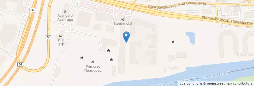 Mapa de ubicacion de Flat Beer Cafe en Rusland, Северо-Западный Федеральный Округ, Oblast Leningrad, Sint-Petersburg, Приморский Район, Округ № 65.