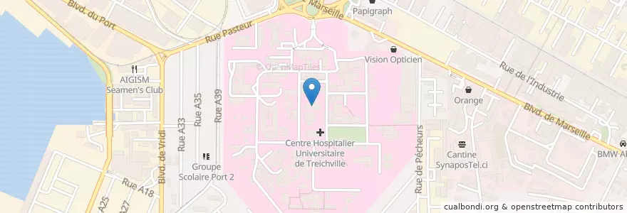 Mapa de ubicacion de Centre Hospitalier Universitaire de Treichville en 코트디부아르, 아비장, Treichville.