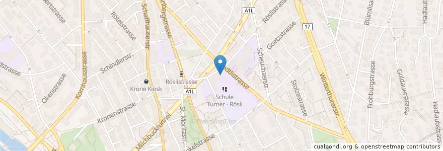 Mapa de ubicacion de Mittag-/Abendhort Rösli en 瑞士, 蘇黎世, Bezirk Zürich, Zürich.