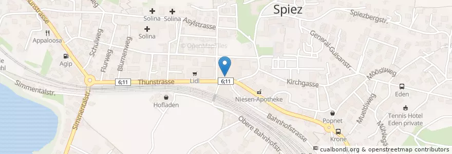 Mapa de ubicacion de Spiezer pizza express take away en İsviçre, Bern/Berne, Verwaltungsregion Oberland, Verwaltungskreis Frutigen-Niedersimmental, Spiez.