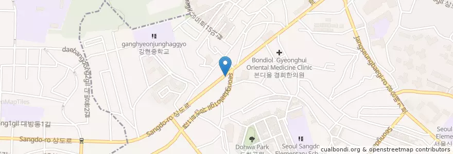 Mapa de ubicacion de 명륜진사갈비 상도점 en 韩国/南韓, 首尔, 銅雀區, 상도3동, 상도4동.