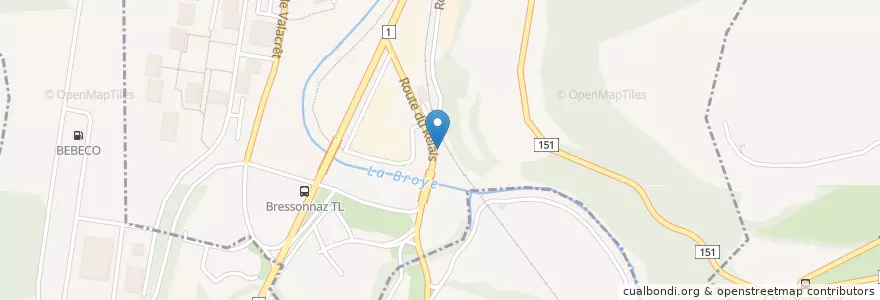 Mapa de ubicacion de Restaurant de Bressonaz en Zwitserland, Waadland, District De La Broye-Vully, Moudon.