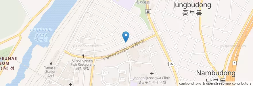 Mapa de ubicacion de 본가 생오리·백숙 전문점 en كوريا الجنوبية, 경상남도, 양산시.