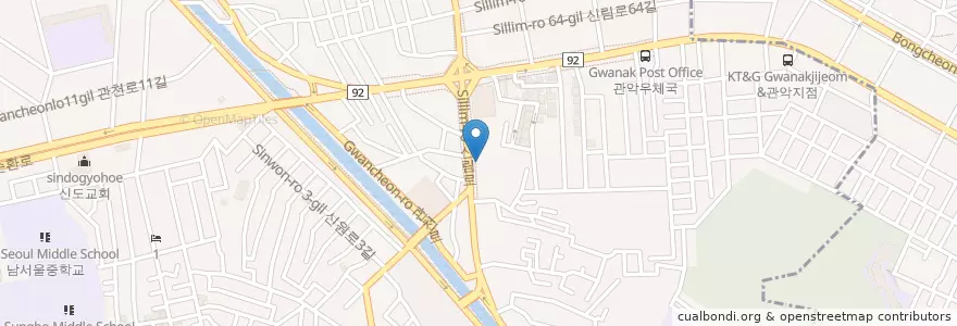 Mapa de ubicacion de 알라딘 도서관 en 대한민국, 서울, 관악구, 서원동.