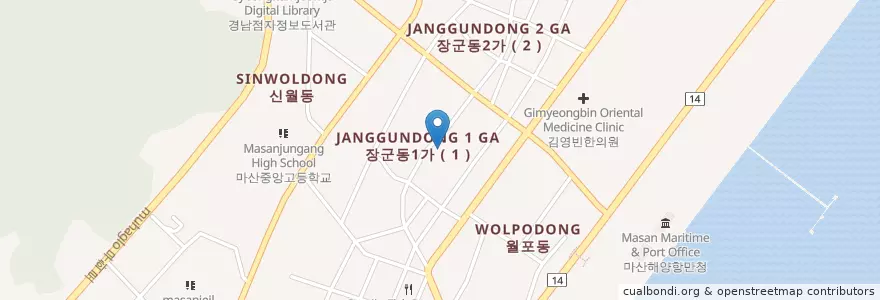 Mapa de ubicacion de 창원시 마산합포구 장군동1가 en 韩国/南韓, 庆尚南道, 昌原市, 馬山合浦區, 창원시 마산합포구 장군동1가.