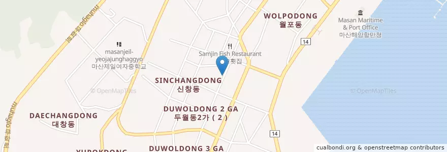 Mapa de ubicacion de 창원시 마산합포구 두월동1가 en Республика Корея, Кёнсан-Намдо, 창원시, 마산합포구, 창원시 마산합포구 두월동1가.