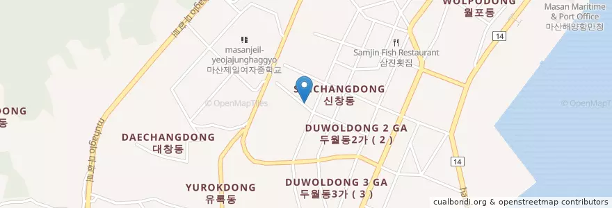 Mapa de ubicacion de 창원시 마산합포구 평화동 en Zuid-Korea, Gyeongsangnam-Do, 창원시, 마산합포구, 창원시 마산합포구 월영동, 창원시 마산합포구 평화동.