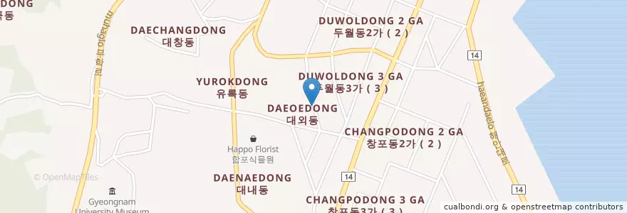 Mapa de ubicacion de 창원시 마산합포구 대외동 en Korea Selatan, Gyeongsang Selatan, 창원시, 마산합포구, 창원시 마산합포구 월영동, 창원시 마산합포구 대외동.