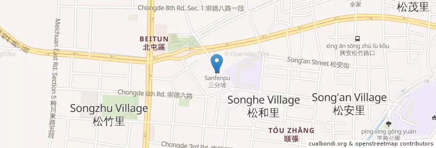 Mapa de ubicacion de 茂川餛飩 en تایوان, تایچونگ, 北屯區.