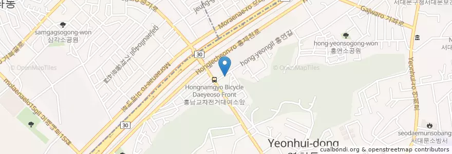 Mapa de ubicacion de 돈키스 생고기 en 대한민국, 서울, 서대문구, 연희동.