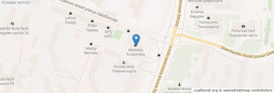 Mapa de ubicacion de Мурманский областной драматический театр en Russie, District Fédéral Du Nord-Ouest, Oblast De Mourmansk, Городской Округ Мурманск.