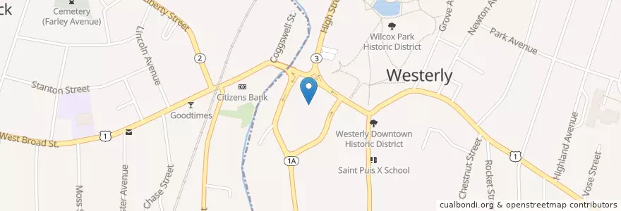 Mapa de ubicacion de Washington Trust Bank en Amerika Birleşik Devletleri, Rhode Island, Washington County, Westerly.