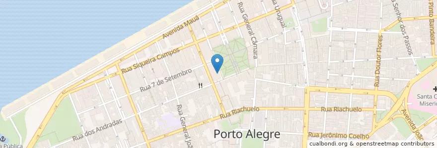 Mapa de ubicacion de Cafè da Praça da Alffândega en ブラジル, 南部地域, リオグランデ・ド・スル, Região Metropolitana De Porto Alegre, Região Geográfica Intermediária De Porto Alegre, Região Geográfica Imediata De Porto Alegre, ポルト・アレグレ.