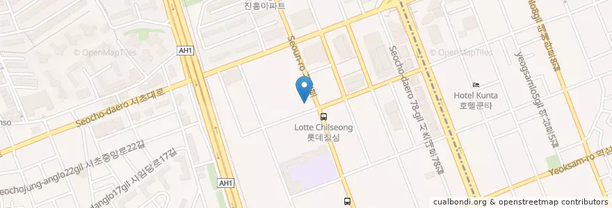Mapa de ubicacion de Heukdinga Gangnam black pig bbq en 大韓民国, ソウル, 瑞草区, 서초동, 서초2동.