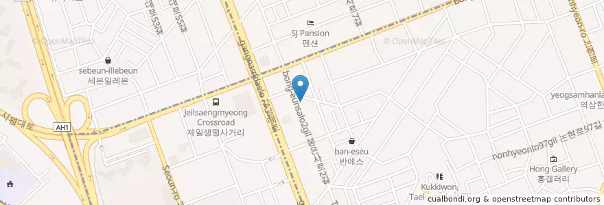 Mapa de ubicacion de samgyetang Korean ginseng en Республика Корея, Сеул, 강남구, 서초구, 역삼동, 역삼1동.