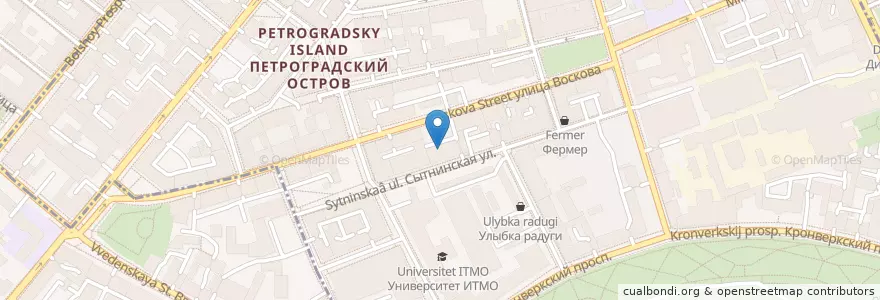 Mapa de ubicacion de Baggins Coffee en Russia, Northwestern Federal District, Leningrad Oblast, Saint Petersburg, Petrogradsky District, Округ Кронверкское.