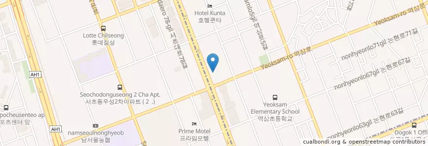 Mapa de ubicacion de Hanbang Samgaetang en 大韓民国, ソウル, 瑞草区, 駅三洞, 駅三1洞.