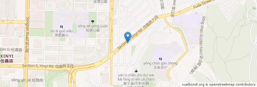 Mapa de ubicacion de 春發汕頭乾拌麵 en Taiwán, Nuevo Taipéi, Taipéi, 信義區.