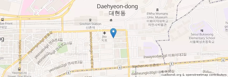 Mapa de ubicacion de Issac toast en 대한민국, 서울, 마포구, 신촌동.