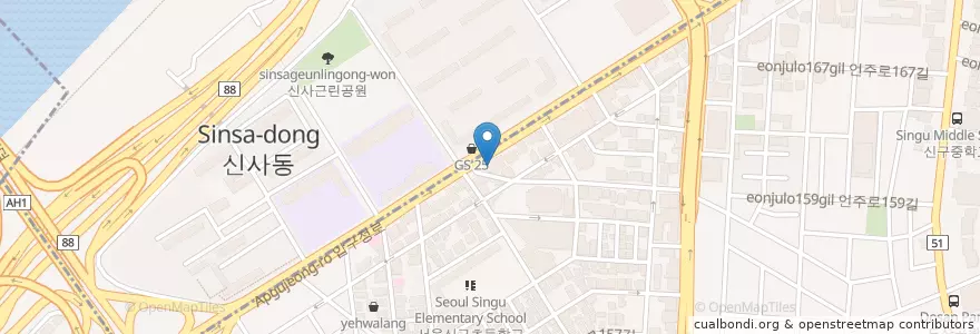 Mapa de ubicacion de 퀴즈노스서브 en South Korea, Seoul, Gangnam-Gu, Sinsa-Dong, Apgujeong-Dong.