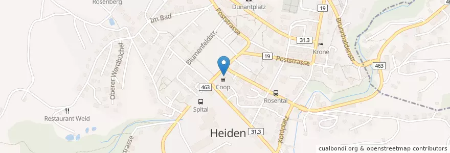 Mapa de ubicacion de Raiffeisenbank Heiden en Schweiz/Suisse/Svizzera/Svizra, Appenzell Ausserrhoden, Sankt Gallen, Vorderland, Heiden.