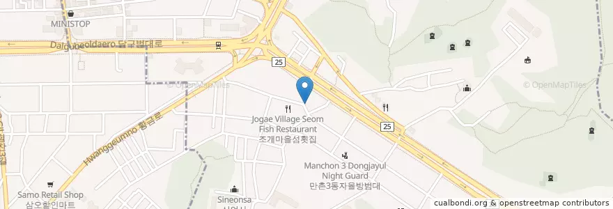 Mapa de ubicacion de 부어치킨 만촌남부점 en 대한민국, 대구, 수성구, 만촌동.