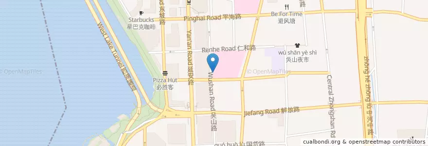 Mapa de ubicacion de 吴山烤禽 en China, Zhejiang, 杭州市, 上城区, 湖滨街道.