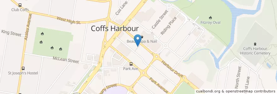 Mapa de ubicacion de Coffs Coast Growers Market en オーストラリア, ニューサウスウェールズ, Coffs Harbour City Council.