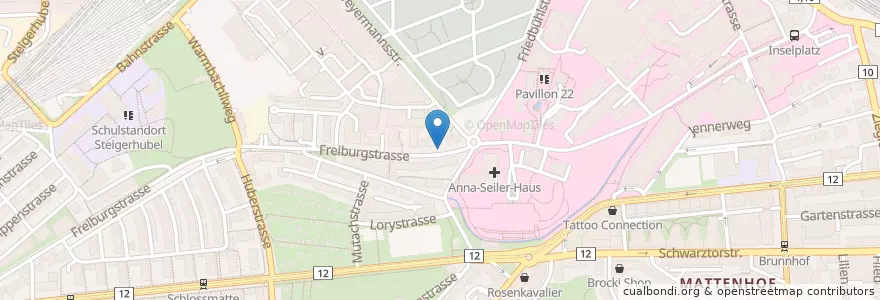 Mapa de ubicacion de Briefeinwurf Bern, Freiburgstrasse en Schweiz/Suisse/Svizzera/Svizra, Bern/Berne, Verwaltungsregion Bern-Mittelland, Verwaltungskreis Bern-Mittelland, Bern.