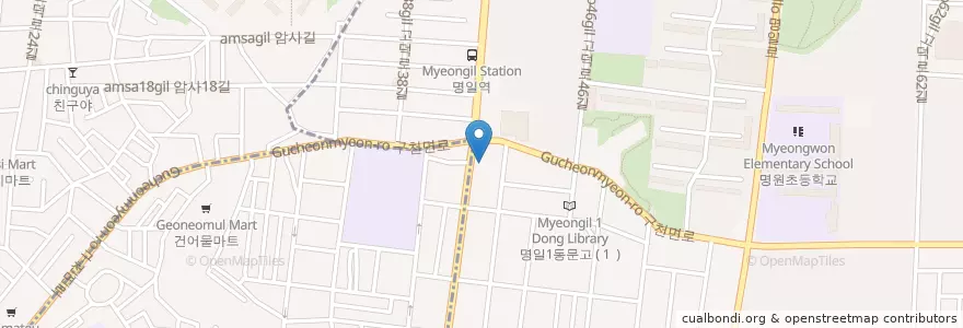 Mapa de ubicacion de 미스터피자 en Coreia Do Sul, Seul, 강동구, 명일동, 명일1동.