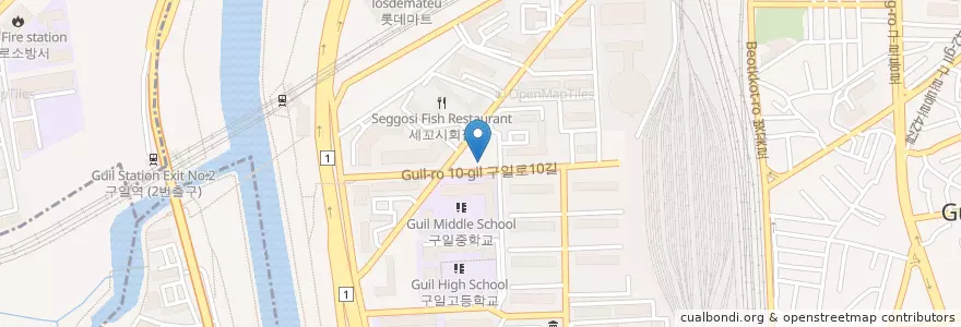 Mapa de ubicacion de 온누리한라약국 en كوريا الجنوبية, سول, 구로구, 구로2동, 구로1동.