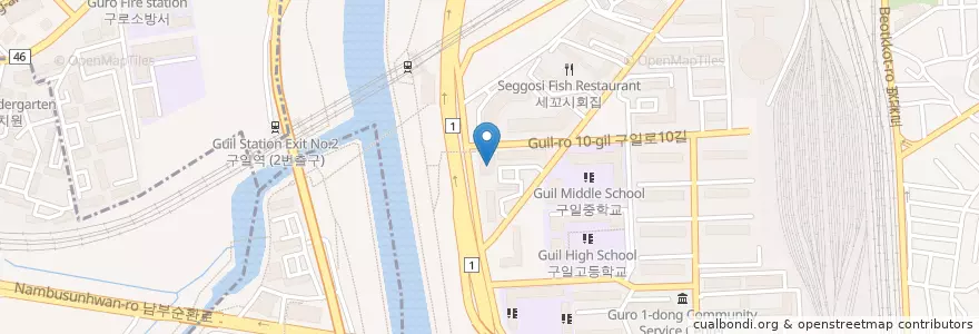 Mapa de ubicacion de 구일중앙약국 en Corea Del Sur, Seúl, 구로구, 구로2동, 구로1동.