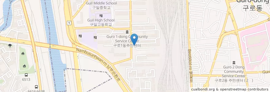 Mapa de ubicacion de 초록약국 en Coreia Do Sul, Seul, 구로구, 구로2동, 구로1동.