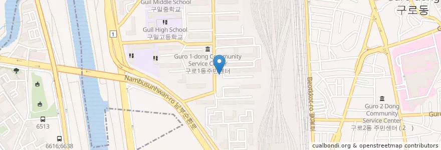 Mapa de ubicacion de 덕인내과의원 en Güney Kore, Seul, 구로구, 구로2동, 구로1동.