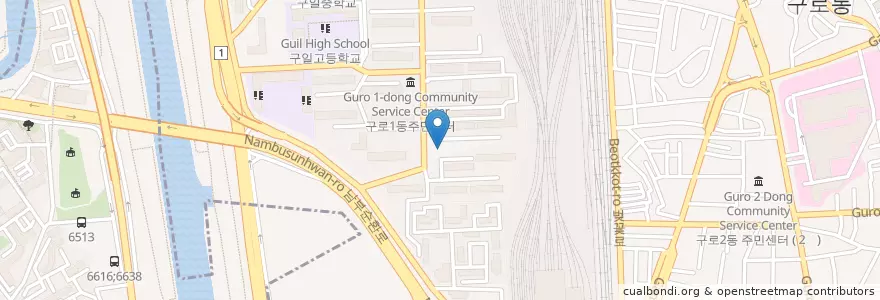 Mapa de ubicacion de 김현정이비인후과의원 en 大韓民国, ソウル, 구로2동, 구로1동.
