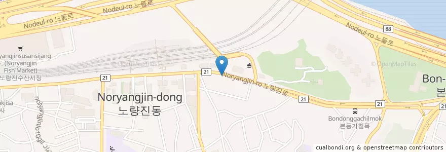 Mapa de ubicacion de 컵밥거리 en Güney Kore, Seul, 노량진1동.