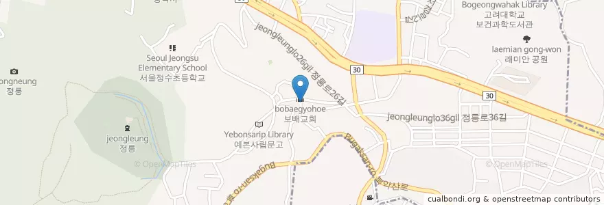 Mapa de ubicacion de 정릉보배교회 en Corée Du Sud, Séoul, 성북구.