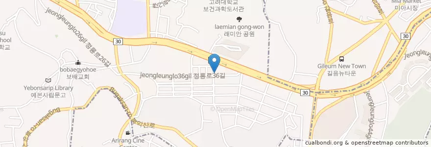 Mapa de ubicacion de 밥깨비 en Coreia Do Sul, Seul, 성북구, 정릉1동.